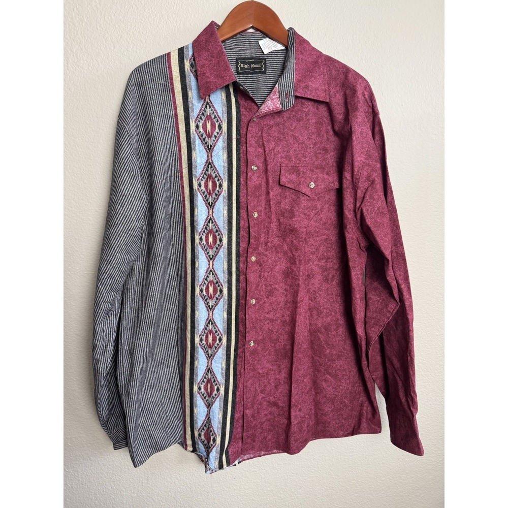 High‎ Noon Western Button Down Long Sleeve Shirt Size XL Maroon Gray Vintage